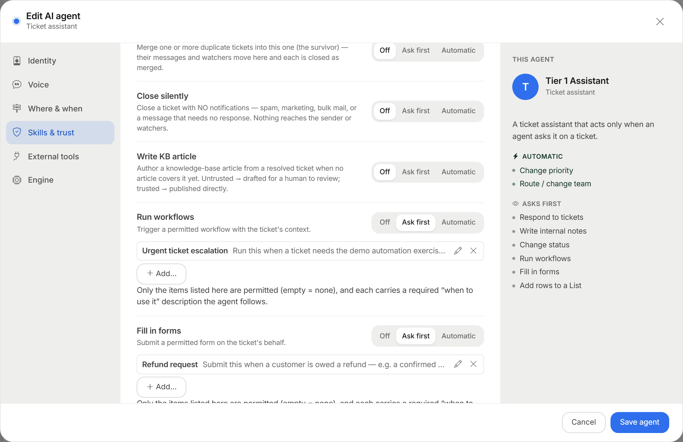 The AI agent editor's Skills and trust pane: each skill has its own Off, Ask first, or Automatic setting — triage and workflows set to automatic, customer replies held for approval.