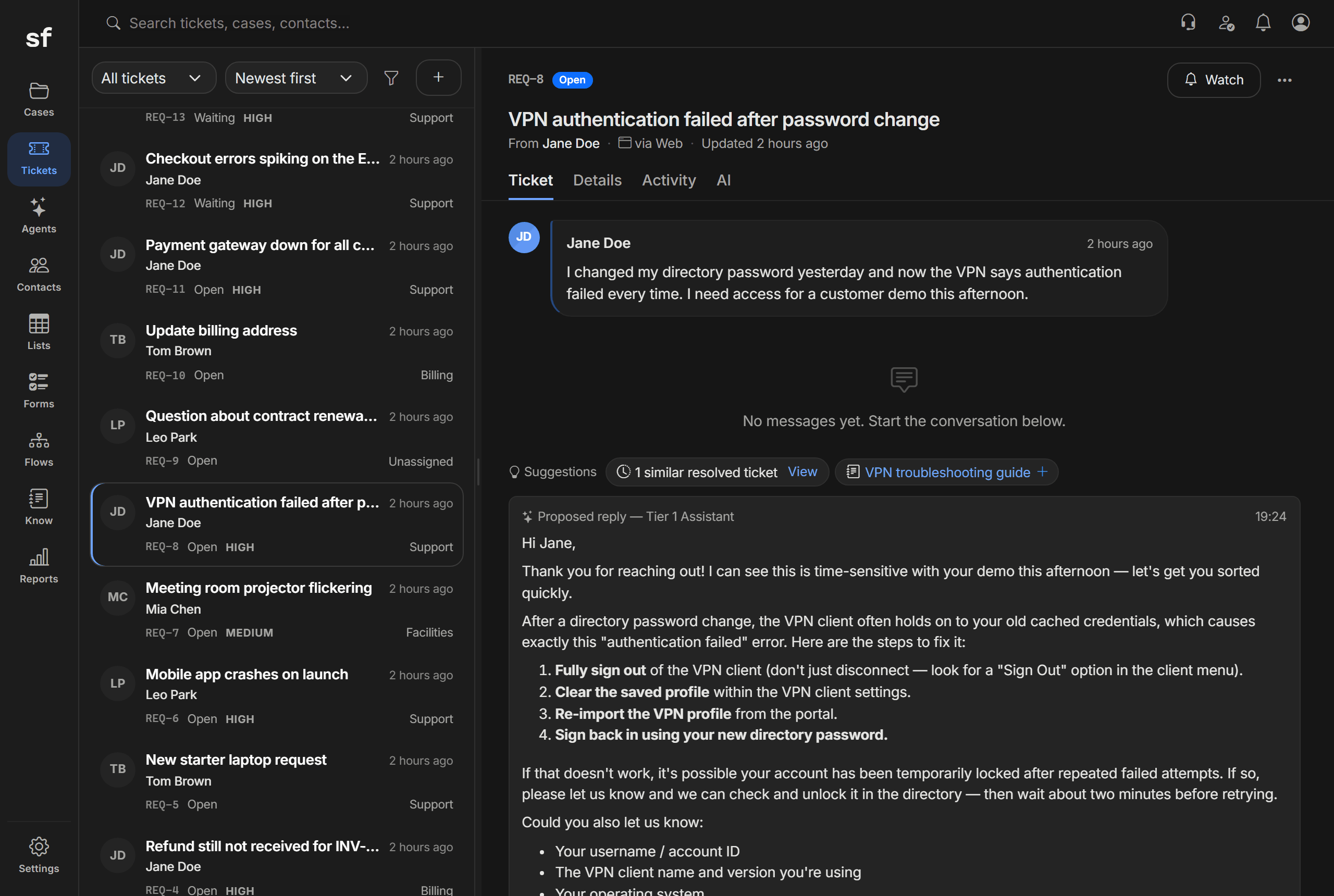 The Sysflows two-pane workspace: a ticket queue with channel badges for email, chat and forms on the left, and an open conversation on the right.